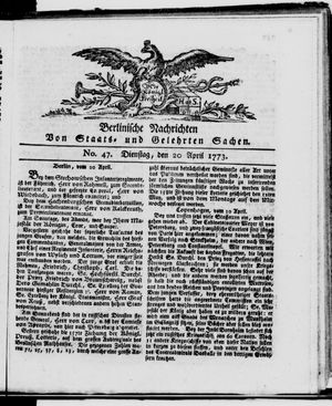 Berlinische Nachrichten von Staats- und gelehrten Sachen vom 20.04.1773