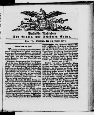 Berlinische Nachrichten von Staats- und gelehrten Sachen vom 29.06.1773