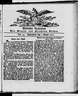 Berlinische Nachrichten von Staats- und gelehrten Sachen vom 07.08.1773