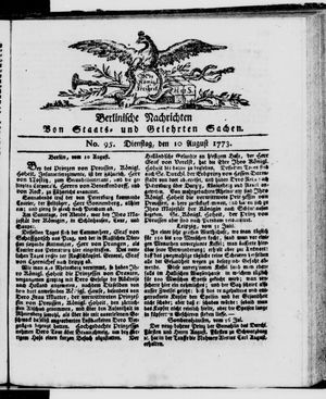Berlinische Nachrichten von Staats- und gelehrten Sachen vom 10.08.1773