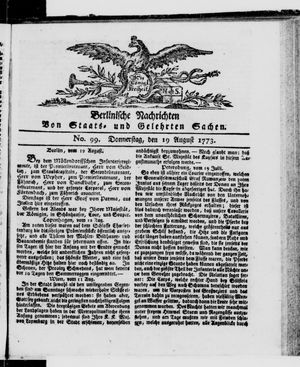 Berlinische Nachrichten von Staats- und gelehrten Sachen vom 19.08.1773