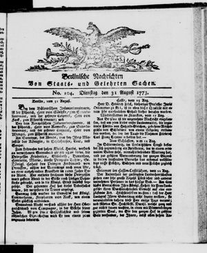 Berlinische Nachrichten von Staats- und gelehrten Sachen vom 31.08.1773