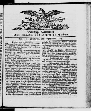 Berlinische Nachrichten von Staats- und gelehrten Sachen vom 25.09.1773