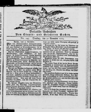 Berlinische Nachrichten von Staats- und gelehrten Sachen vom 30.11.1773