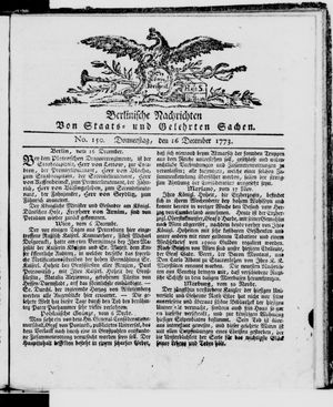 Berlinische Nachrichten von Staats- und gelehrten Sachen vom 16.12.1773