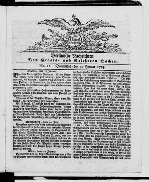 Berlinische Nachrichten von Staats- und gelehrten Sachen vom 27.01.1774