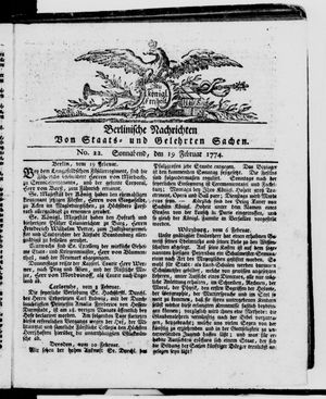 Berlinische Nachrichten von Staats- und gelehrten Sachen vom 19.02.1774