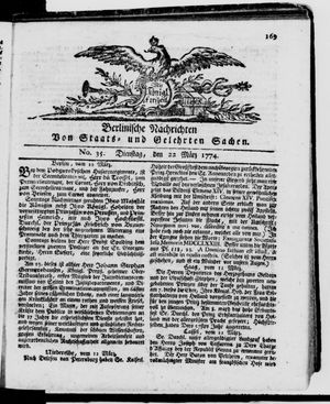 Berlinische Nachrichten von Staats- und gelehrten Sachen vom 22.03.1774