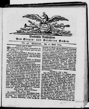Berlinische Nachrichten von Staats- und gelehrten Sachen vom 16.04.1774