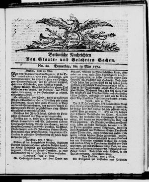 Berlinische Nachrichten von Staats- und gelehrten Sachen vom 19.05.1774