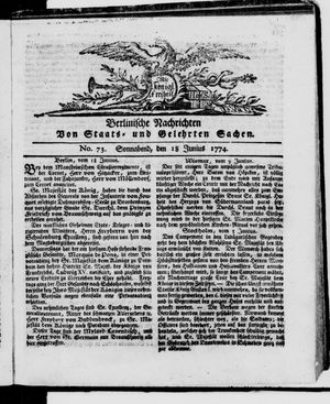 Berlinische Nachrichten von Staats- und gelehrten Sachen vom 18.06.1774
