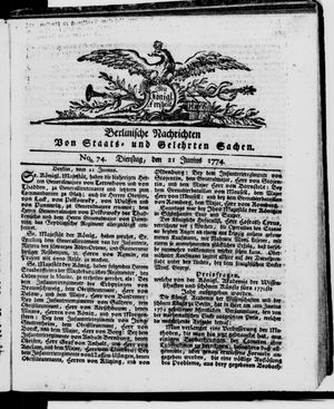 Berlinische Nachrichten von Staats- und gelehrten Sachen vom 21.06.1774
