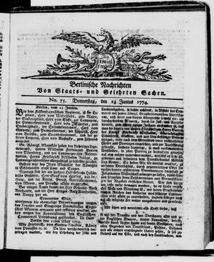 Berlinische Nachrichten von Staats- und gelehrten Sachen vom 23.06.1774