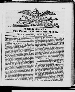 Berlinische Nachrichten von Staats- und gelehrten Sachen vom 27.08.1774