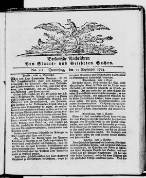 Berlinische Nachrichten von Staats- und gelehrten Sachen vom 15.09.1774