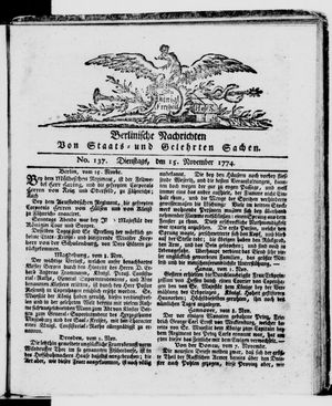 Berlinische Nachrichten von Staats- und gelehrten Sachen on Nov 15, 1774
