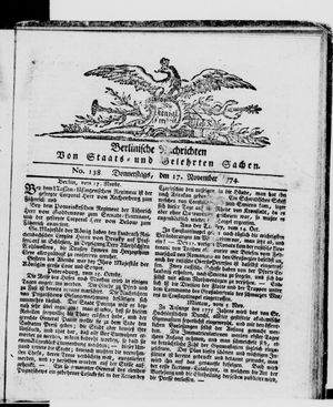 Berlinische Nachrichten von Staats- und gelehrten Sachen vom 17.11.1774