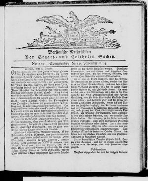 Berlinische Nachrichten von Staats- und gelehrten Sachen vom 19.11.1774