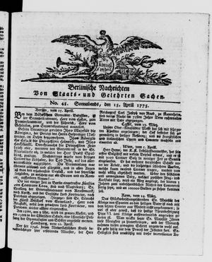 Berlinische Nachrichten von Staats- und gelehrten Sachen vom 15.04.1775
