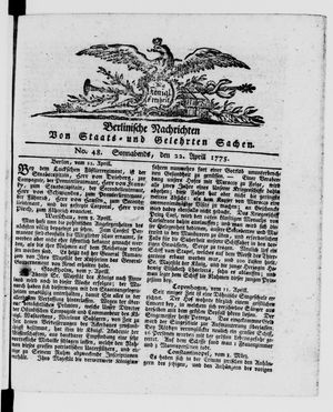 Berlinische Nachrichten von Staats- und gelehrten Sachen vom 22.04.1775