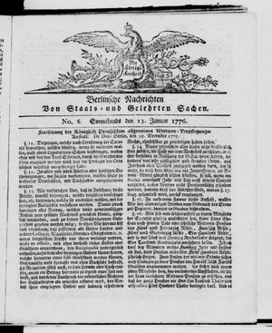 Berlinische Nachrichten von Staats- und gelehrten Sachen vom 13.01.1776