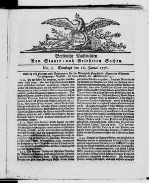 Berlinische Nachrichten von Staats- und gelehrten Sachen vom 16.01.1776