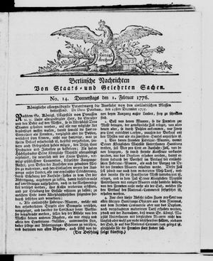 Berlinische Nachrichten von Staats- und gelehrten Sachen vom 01.02.1776