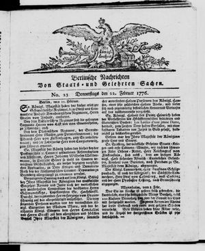 Berlinische Nachrichten von Staats- und gelehrten Sachen vom 22.02.1776
