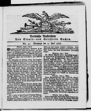 Berlinische Nachrichten von Staats- und gelehrten Sachen vom 09.04.1776