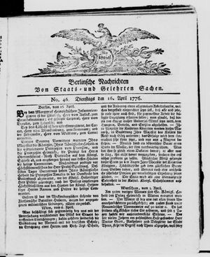 Berlinische Nachrichten von Staats- und gelehrten Sachen on Apr 16, 1776