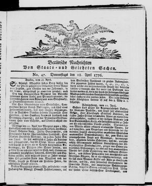 Berlinische Nachrichten von Staats- und gelehrten Sachen vom 18.04.1776