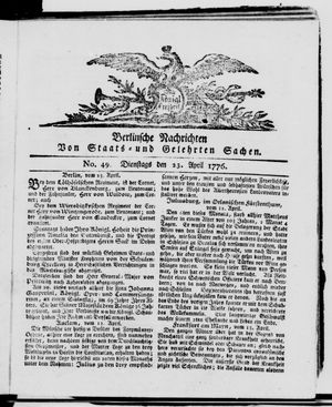 Berlinische Nachrichten von Staats- und gelehrten Sachen vom 23.04.1776