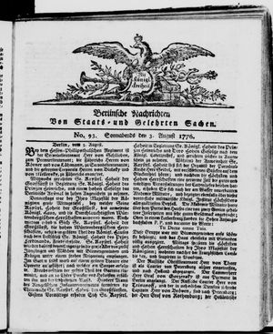 Berlinische Nachrichten von Staats- und gelehrten Sachen vom 03.08.1776