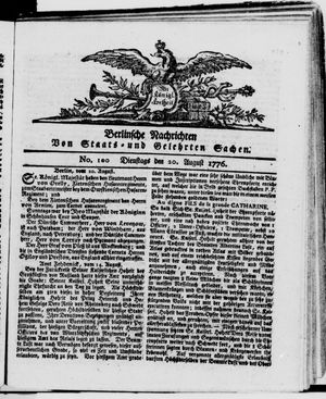Berlinische Nachrichten von Staats- und gelehrten Sachen vom 20.08.1776
