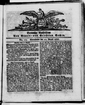 Berlinische Nachrichten von Staats- und gelehrten Sachen vom 31.08.1776
