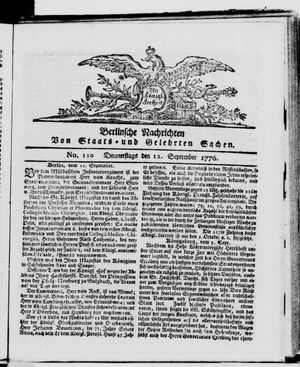 Berlinische Nachrichten von Staats- und gelehrten Sachen vom 12.09.1776