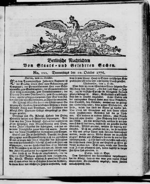 Berlinische Nachrichten von Staats- und gelehrten Sachen vom 10.10.1776