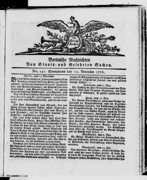 Berlinische Nachrichten von Staats- und gelehrten Sachen vom 23.11.1776