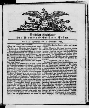 Berlinische Nachrichten von Staats- und gelehrten Sachen vom 03.12.1776