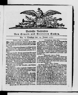 Berlinische Nachrichten von Staats- und gelehrten Sachen vom 14.01.1777