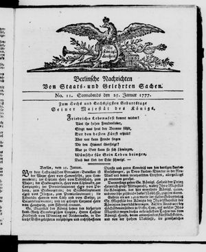 Berlinische Nachrichten von Staats- und gelehrten Sachen vom 25.01.1777
