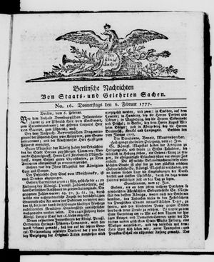 Berlinische Nachrichten von Staats- und gelehrten Sachen vom 06.02.1777