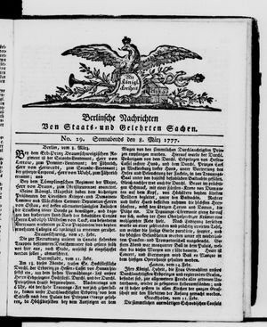 Berlinische Nachrichten von Staats- und gelehrten Sachen vom 08.03.1777