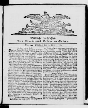 Berlinische Nachrichten von Staats- und gelehrten Sachen vom 01.04.1777