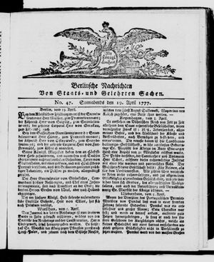Berlinische Nachrichten von Staats- und gelehrten Sachen vom 19.04.1777