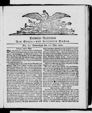 Berlinische Nachrichten von Staats- und gelehrten Sachen vom 22.05.1777