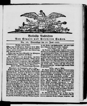 Berlinische Nachrichten von Staats- und gelehrten Sachen vom 26.06.1777