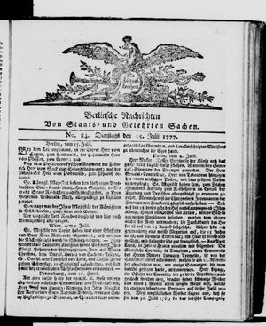Berlinische Nachrichten von Staats- und gelehrten Sachen vom 15.07.1777