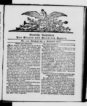Berlinische Nachrichten von Staats- und gelehrten Sachen vom 09.09.1777