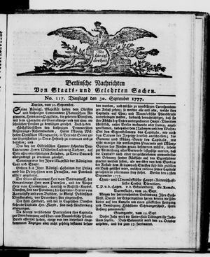 Berlinische Nachrichten von Staats- und gelehrten Sachen vom 30.09.1777